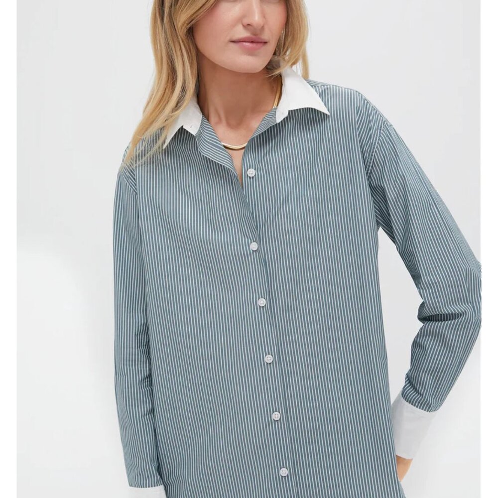 Tuckernuck Nadine Boyfriend Button Down – Green Stripe (XS)